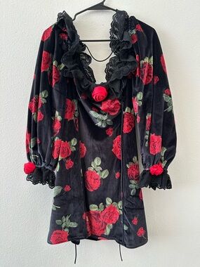 For Love & Lemons Black Dress with Red Rose Appliqué